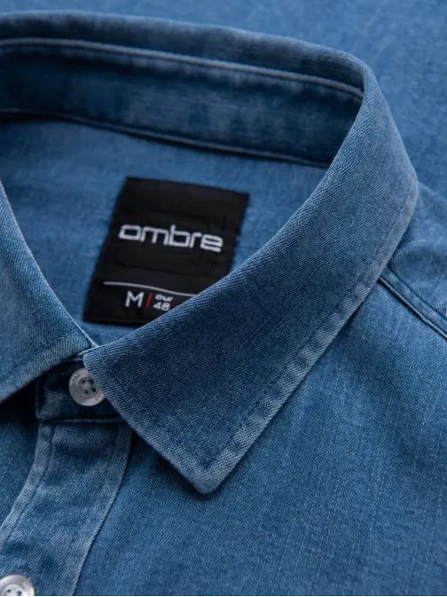 Trendovska modra denim srajca z logotipom V2 SHDS-0180