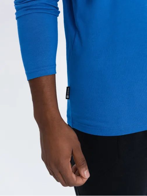 Enostavna bombažna majica z dolgimi rokavi v modri barvi v9 om-lsbl-0106