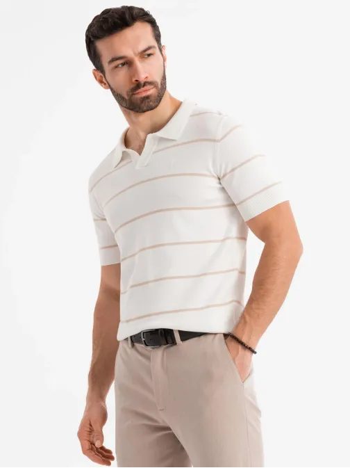Moška bež črtasta polo majica V4 POSS-0145