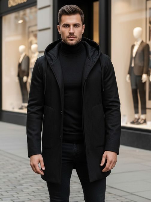 Modni črn moški plašč s kapuco