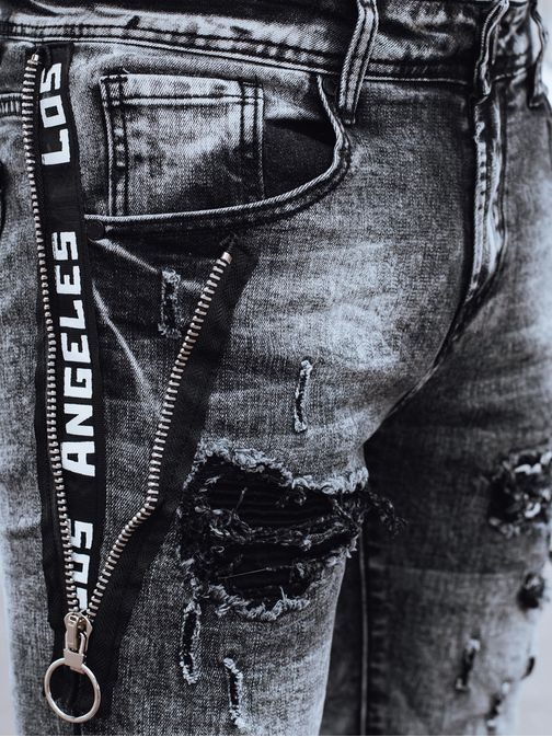 Džins črne raztrgane hlače z okrasno zadrgo