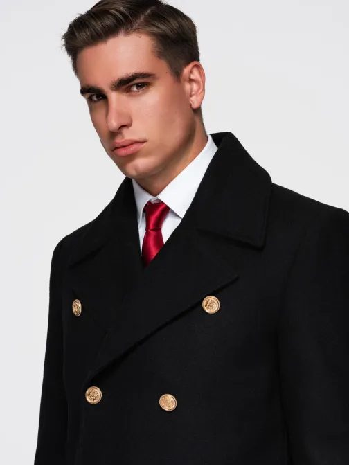 Dolg črn plašč z okrasnimi gumbi V1 OM-COWC-0145