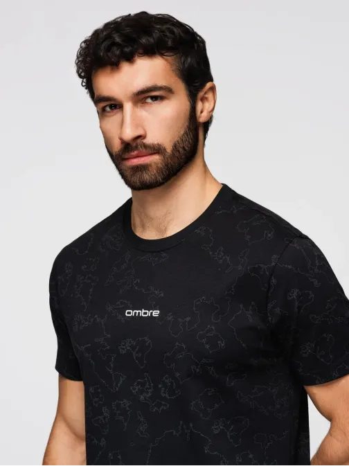 Moška črna majica s cvetličnim potiskom in napisom V1 TSPT-0263
