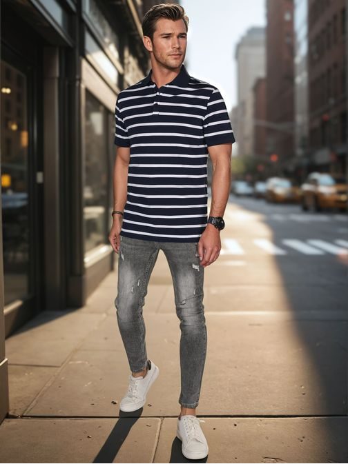 Modna temno modra moška polo majica s črtastim vzorcem
