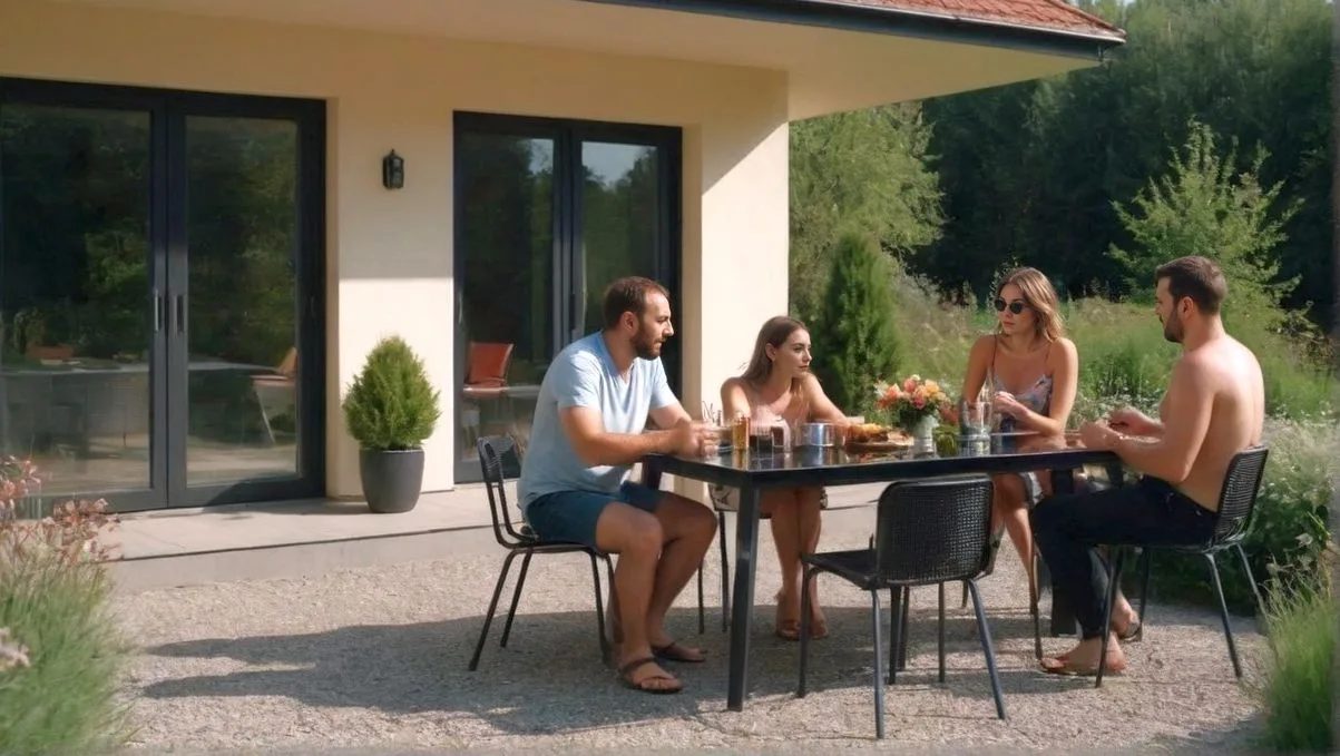 dva páry sediace pri záhradnom sete vedľa domu