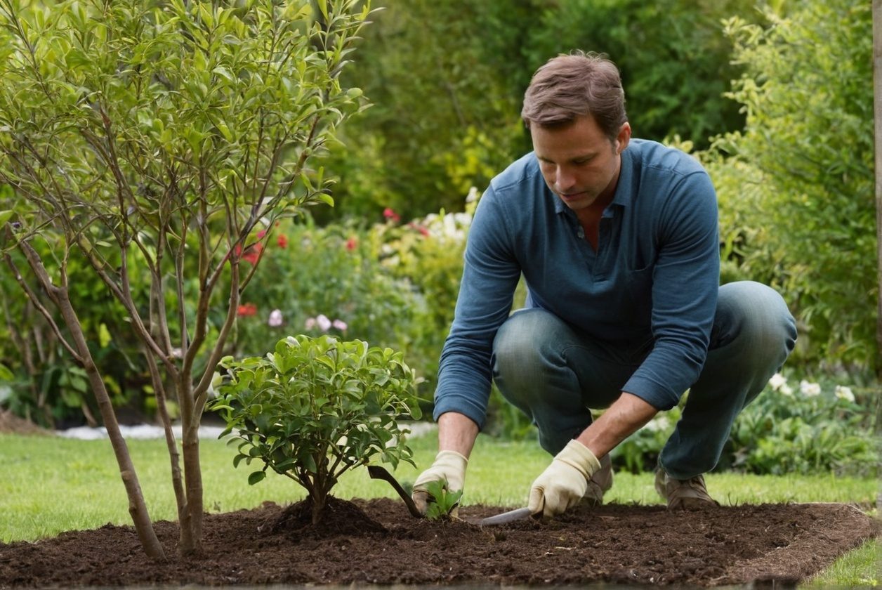 muž pripravujúci pôdu na výsadbu stromov