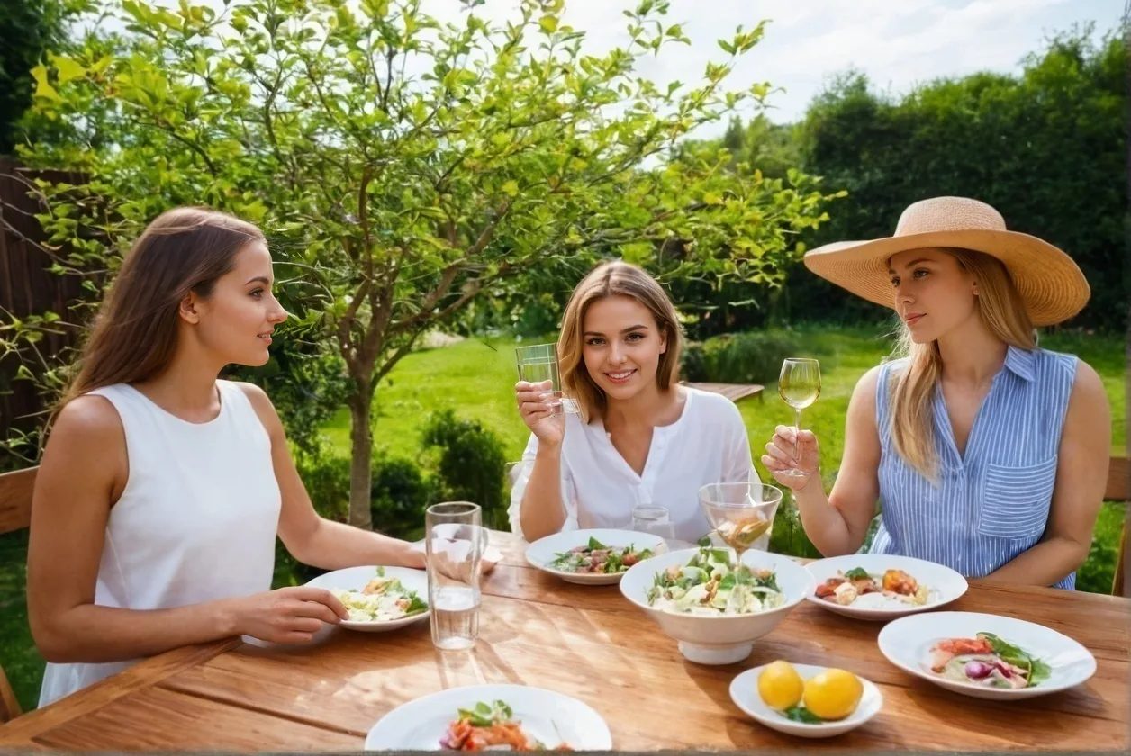 tri ženy jedia pri drevenom stole s vínom v ruke a v pozadí zelený strom a trávnatá záhrada
