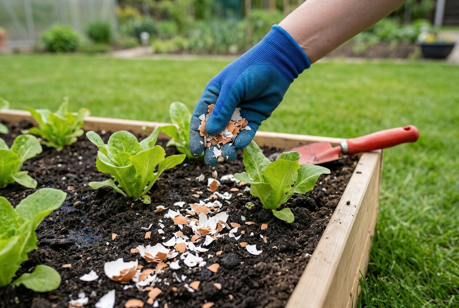sypanie škrupín na vyvýšený záhon