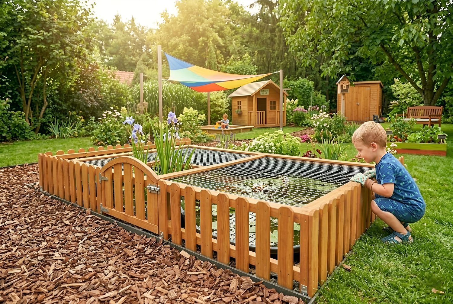 dieťa vedľa oploteného jazierka