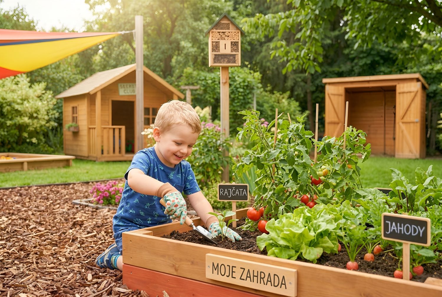 chlapec sadiaci zeleninu do vyvýšeného záhonu