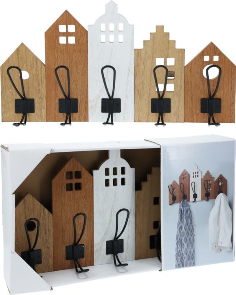 věšák 5-háčků černý kov, DOMKY, 48x25,5cm, mater.MDF