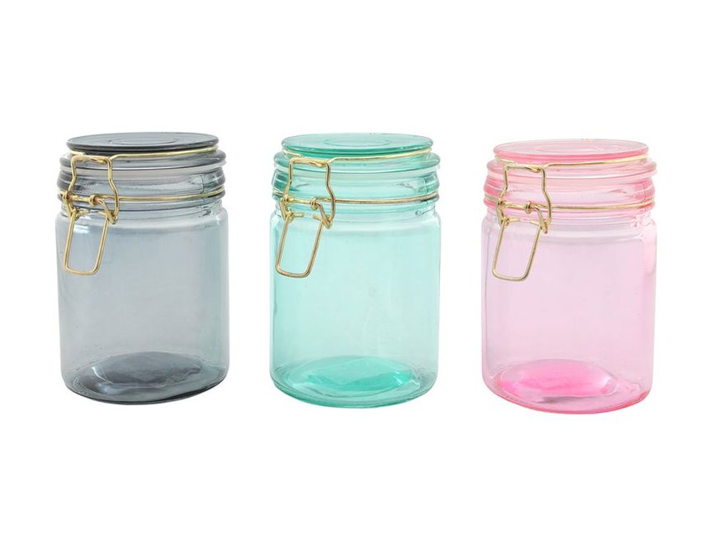 Levně dóza 750ml, d10x15cm, 3 barvy, patentní, sklo