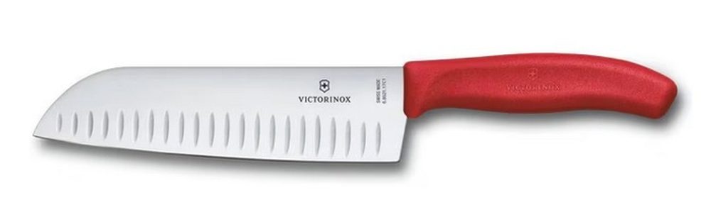 Levně nůž 17cm SANTOKU, rovný, vroubk., červený, blistr, VICTORINOX