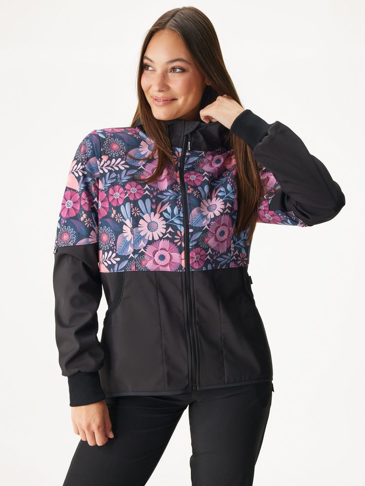 Levně Unuo, Dámská softshellová bunda s fleecem Street, Černá, Kouzelné květiny - 3XL