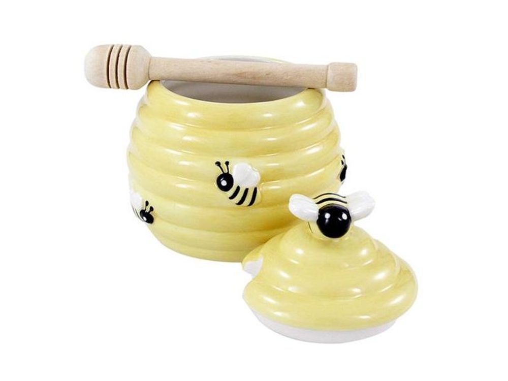 Levně dóza 350ml, med keramika+naběračka medu dřevo
