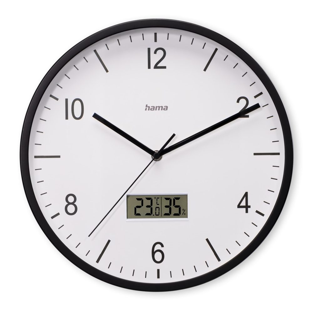 Levně Hama Lanzarote, nástěnné hodiny řízené rádiovým signálem, teploměr/vlhkoměr, 35 cm, tiché, černé