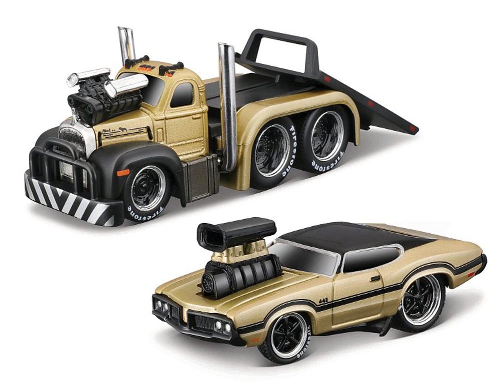 Levně Maisto - Muscle Transports - 1953 MACK B-61 Flatbed 1970 Oldsmobile 442, 1:64