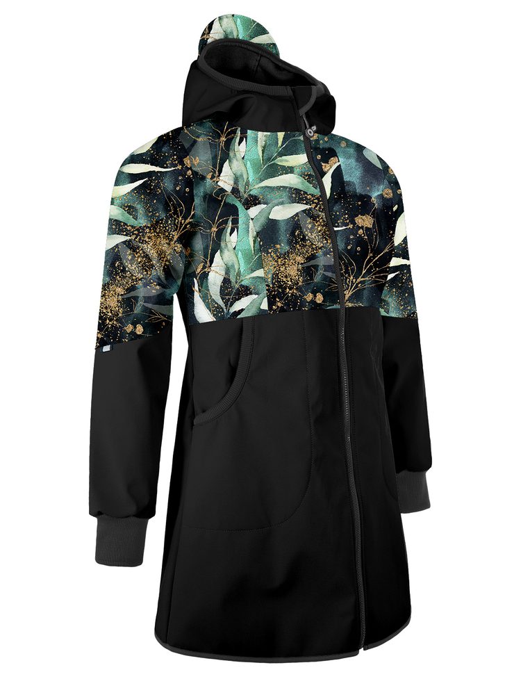 Levně Unuo, Dámský softshellový kabát s fleecem, Černá, Listy a větvičky - 3XL