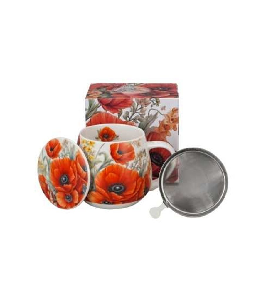 Levně hrnek 430ml baňatý VLČÍ MÁKY+víčko+sítko NR, porcelán, DB