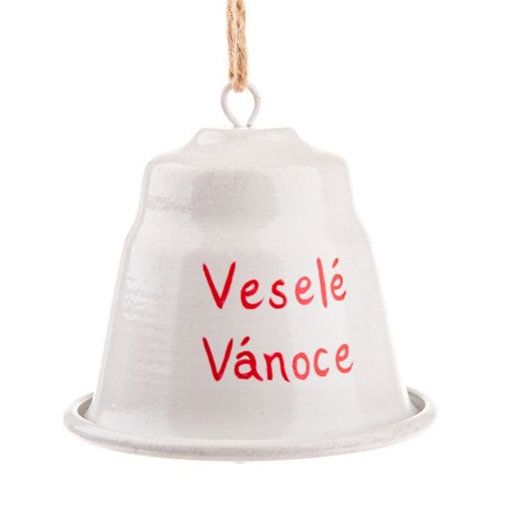 Levně zvonek d6,3x7,2cm, VESELÉ VÁNOCE, bílý, závěs, kov