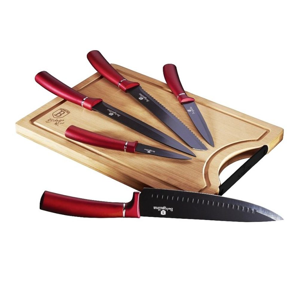 Levně BERLINGERHAUS Sada nožů s nepřilnavým povrchem + prkénko 6 ks Burgundy Line BH-2552