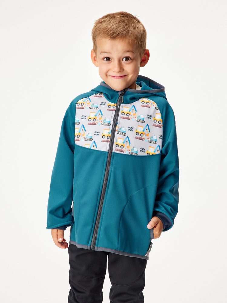 Levně Unuo, Dětská softshellová bunda s fleecem Basic, Kobaltová, Bagry - 104/110