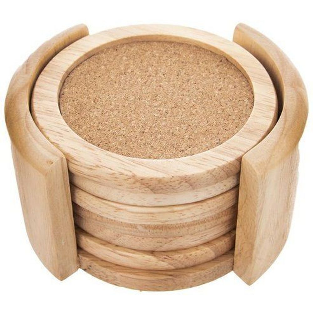 Levně podtácek d9,5cm, 4ks, stojan, gumov.dřevo/korek
