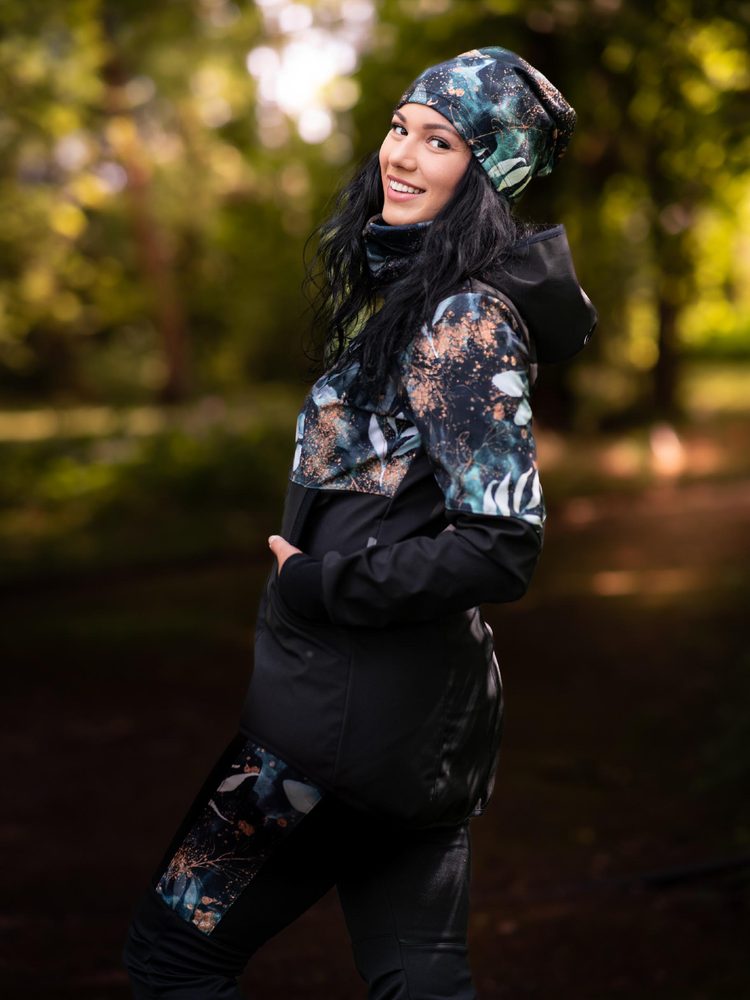 Levně Unuo, Dámská softshellová bunda s fleecem Street, Černá, Listy a větvičky - 3XL