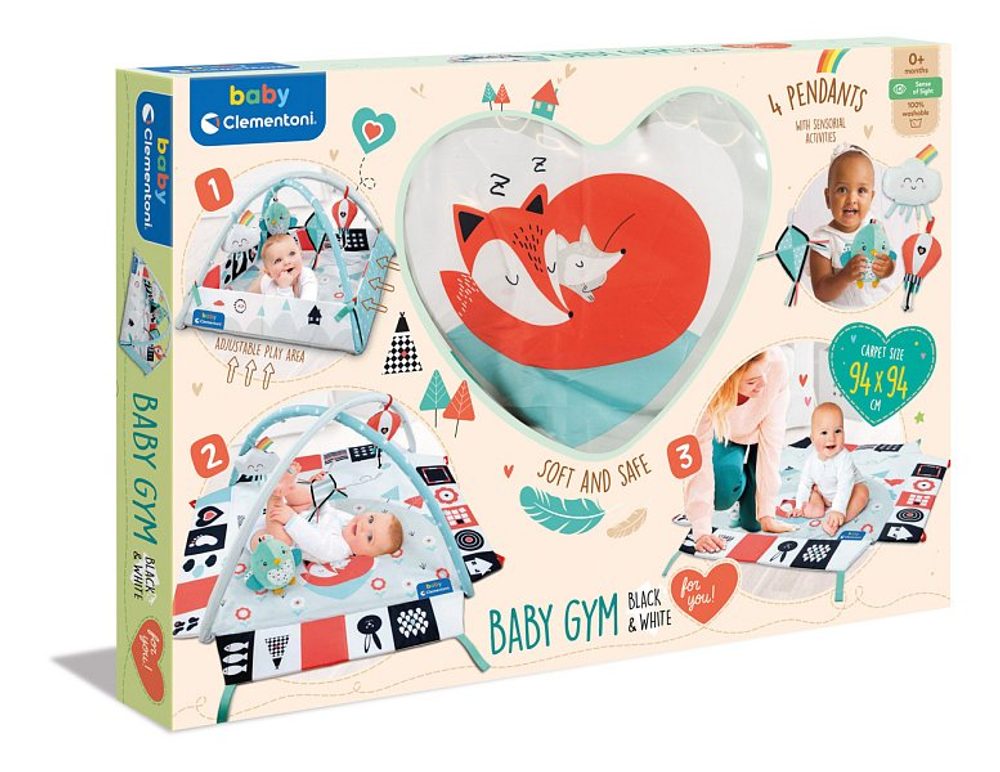 Levně CLEMENTONI Clemmy baby - dětská hrací deka s hrazdou černo-bílá