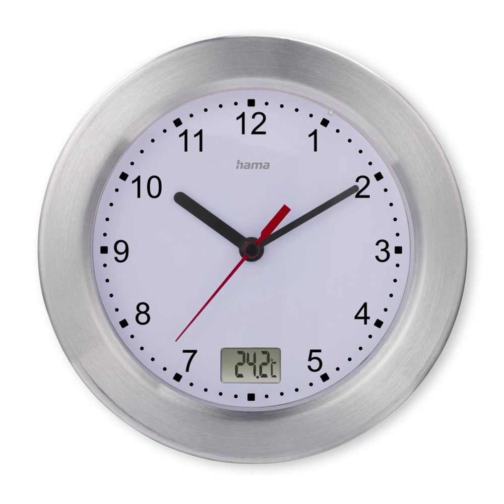 Levně Hama Mauritius, hodiny do koupelny, průměr 17 cm, teploměr, přísavky, tichý chod, hliníkové