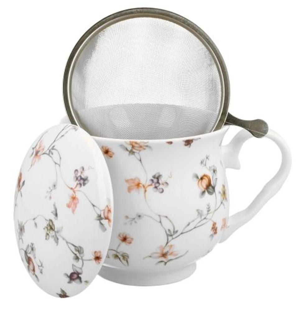 Levně hrnek 430ml baňatý SAFA kytičky+víčko+sítko NR, porcelán, DB