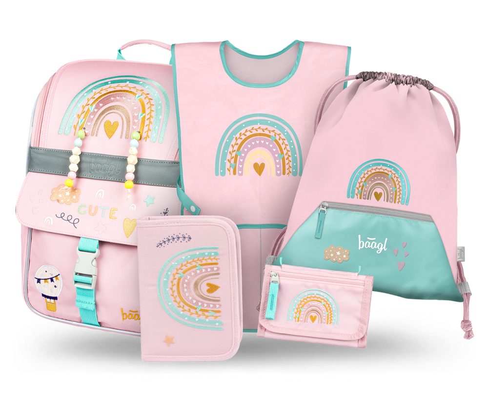 Levně BAAGL SET 5 Zippy Duha růžový: aktovka, penál, sáček, zástěra, peněženka