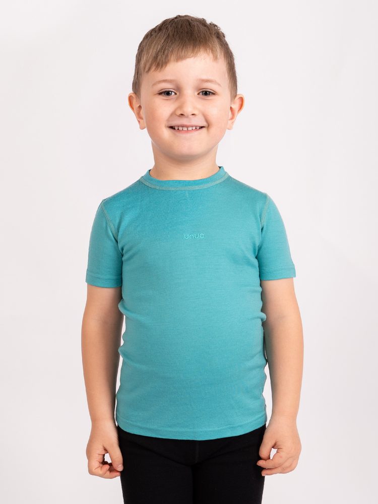 Levně Unuo, Dětské merino triko s krátkým rukávem Nature, Aqua - 158/164