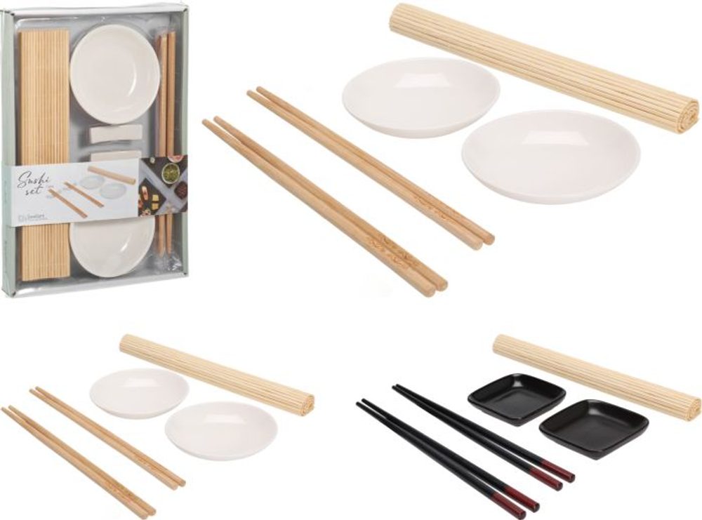 Levně sada 7dílná na SUSHI, podl.25x21cm, 2xtalíř porc., 2x2hůlky, 2držáky