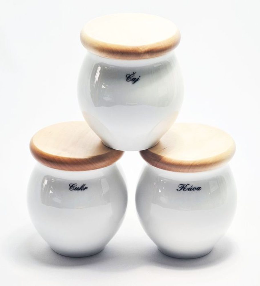 Levně dóza BAŇÁK-NÁPISY různé, dř.víčko, čes.porcelán