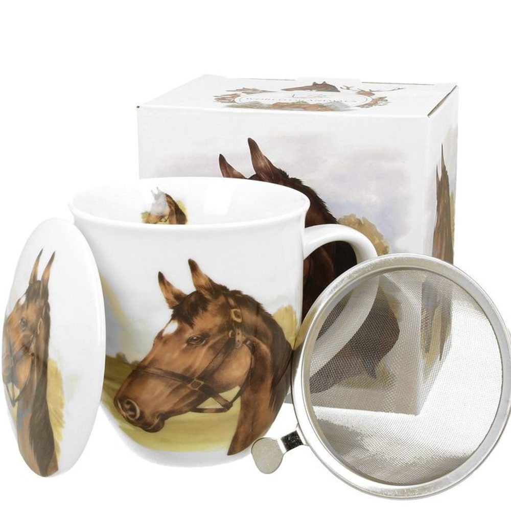 Levně hrnek 400ml baňatý HLAVA KONĚ+víčko+sítko, DB, porcelán