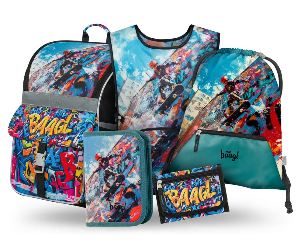 Levně BAAGL SET 5 Zippy Skatepark: aktovka, penál, sáček, zástěra, peněženka