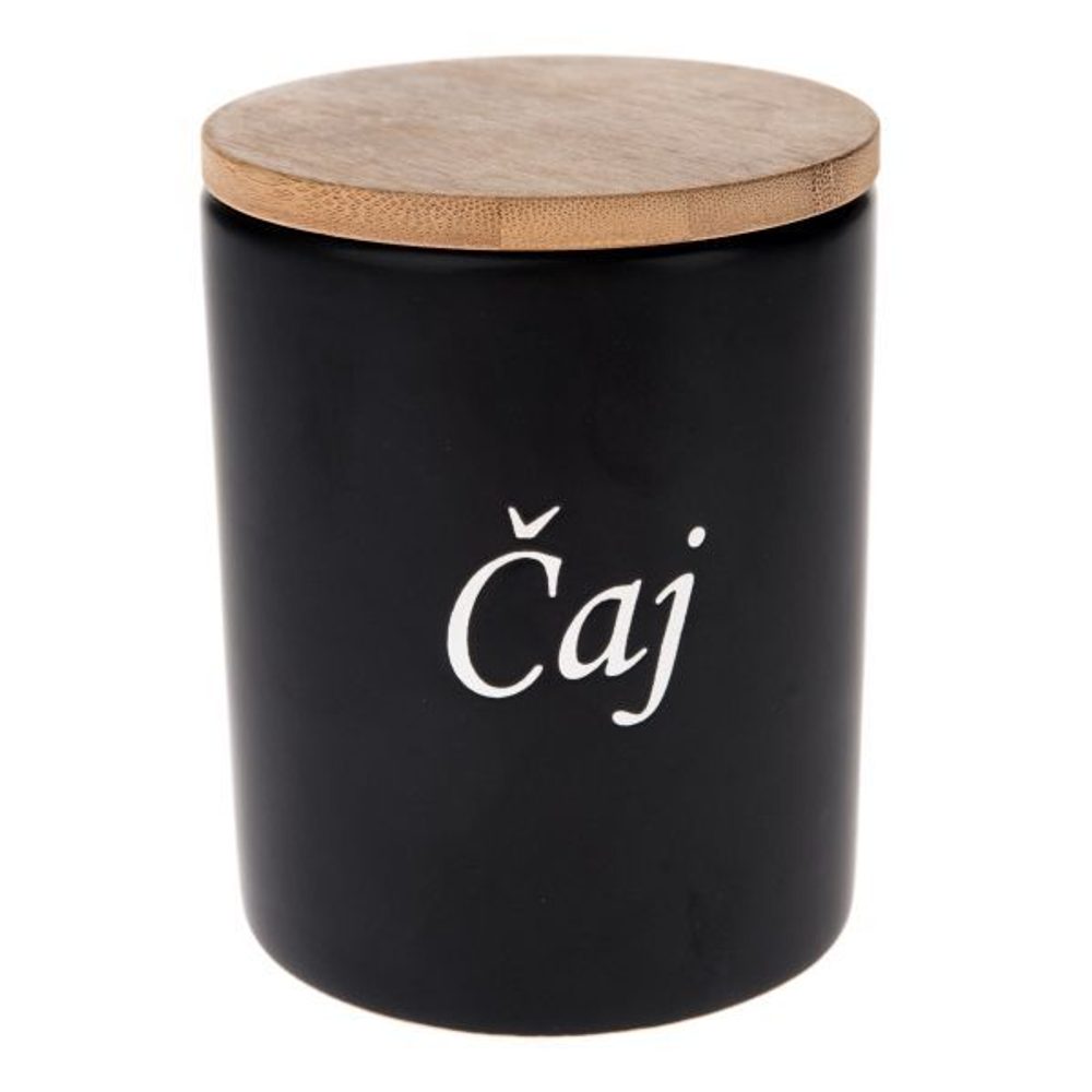 Levně dóza 0,64l, d10x13cm, ČAJ, BLACK, keramika/bambus