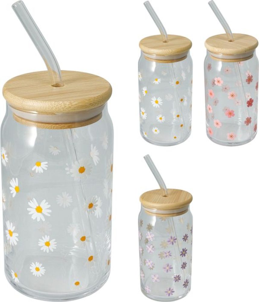 Levně sklen. 500ml, 1ks, KYTIČKY, 3dekory, brčko, uz.bambus, sklo