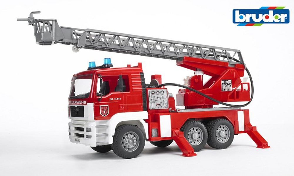 Levně Užitkové vozy - MAN TGA hasičské auto s výsuvným žebříkem, pumpou, světly a zvuky 1:16