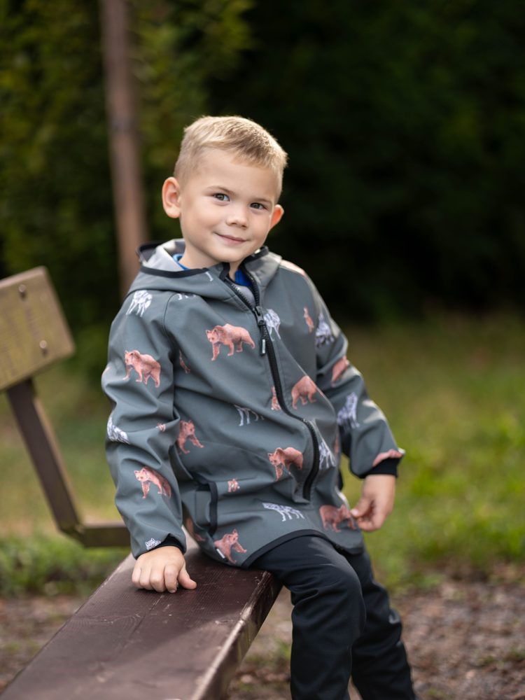 Levně Unuo, Dětská softshellová bunda s fleecem Basic, Khaki, Lesní zvířata - 122/128