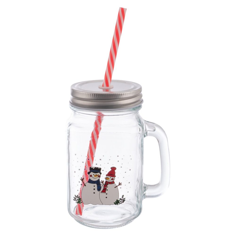 Levně Sklenice Straw s víčkem a brčkem SNĚHULÁK 0,5 l