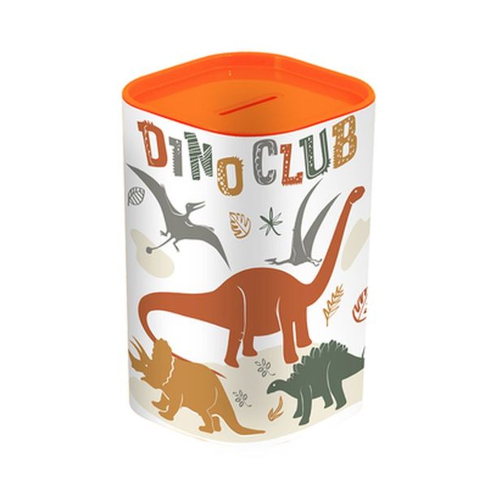 Levně pokladnička DINO CLUB, oranž, 7,6x7,6x12cm, plast, otvír.