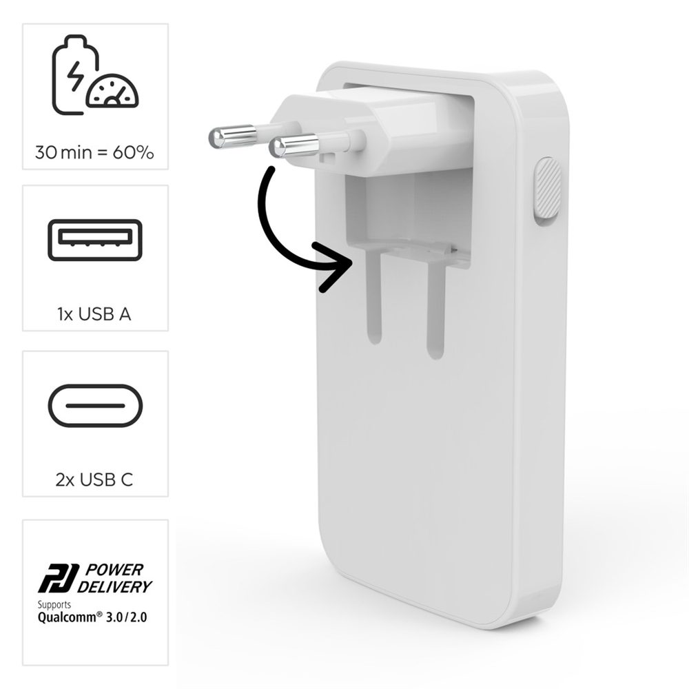 Hama rychlá USB nabíječka GaN 2x USB-C + USB-A, PD/QC 65 W, plochá, skládací (obrázek 9)