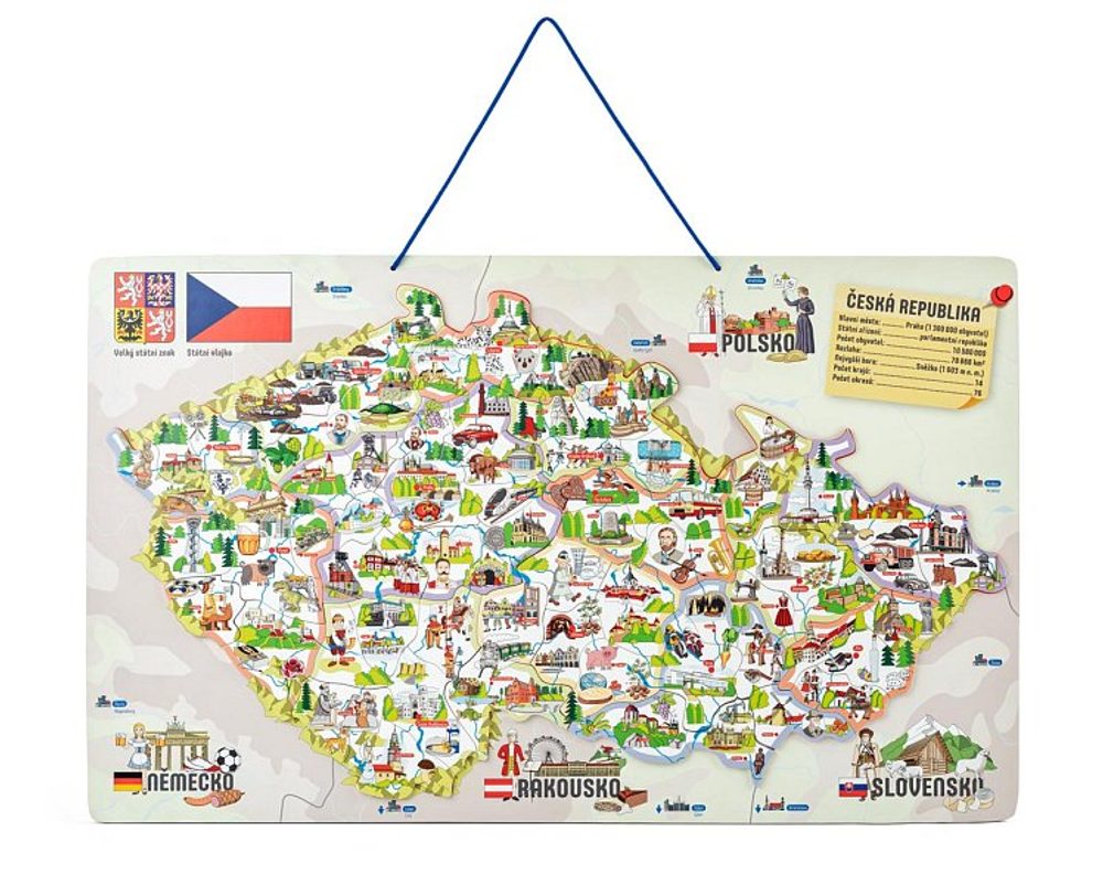 Levně WOODY Magnetická mapa ČR s obrázky a společenská hra, 3 v 1
