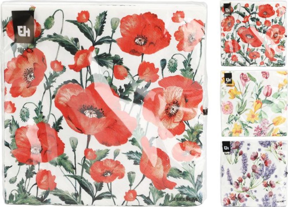 ubrousky 3vr.,16ks,33x33cm, VLČÍ MÁK, Tulipán, LEVANDULE, papír