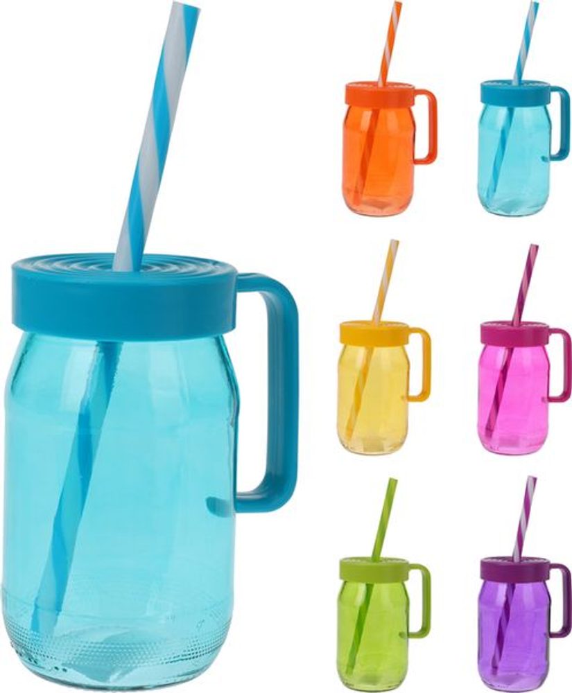 Levně sklen. 370ml, 1ks, s uchem, BARVY, brčko, sklo