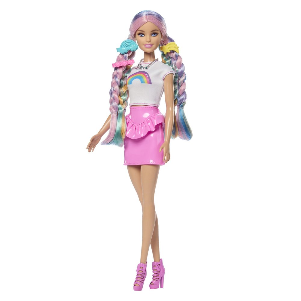 Levně Barbie panenka duhové vlasy s třpytivým stylingem