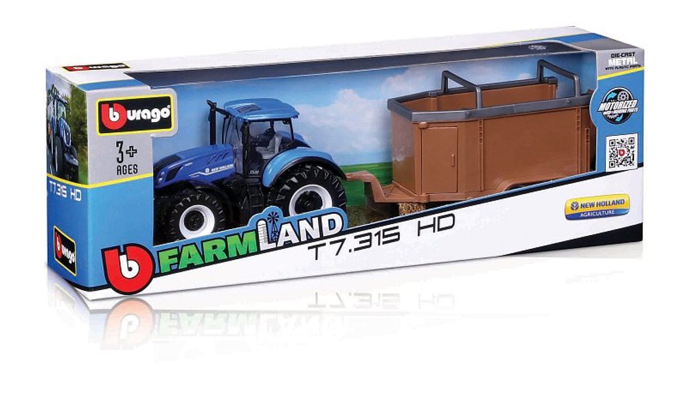 Levně Bburago - FarmLand, Traktor se setrvačníkem s vlečkou, 10cm, assort