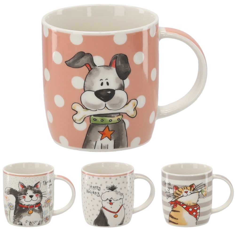 hrnek 365ml, 4dekory, KOČKA/PES, porcelán